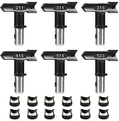 Melgweldr 6 Pcs Reversible Airless Paint Sprayer Nozzle Tips and 6 Pcs Seal Tip Gaskets for Airless Paint Spray Gun Parts(211, 311, 315, 415, 515, 523)