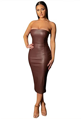 XLLAIS Women Strapless Tube Top Midi Dress Off Shoulder Bodycon Party Leather Dress (Brown2,Small)