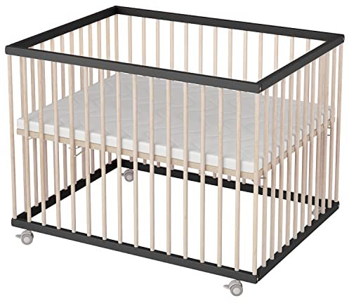 Sämann Laufgitter ECO 75x100 cm mit Matratze - 3-fach höhenverstellbar - Laufstall Baby Buche schwarz/natur