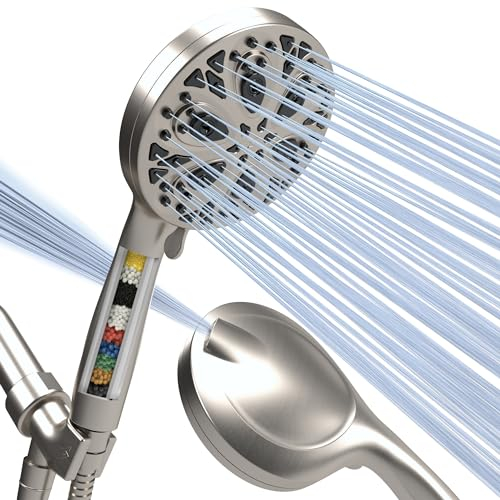 SparkPod Handbrause mit 10 Modi, mit Filter, 12,7 cm Hochdruck-gefilterter Duschkopf mit Touch-to-Clean-Düsen, eingebautem Powerstrahl, 1,8 m langer Schlauch und Halterung (gebürstetes Nickel)