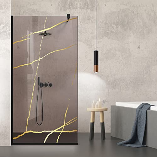 Aqua Roy Black, Modello Marmo Oro, Dimensione 120 cm da 70/80/90/100/110/120, Parete Doccia Walk In, Vetro Bronzo 8 mm con Nano Rivestimento Sabbiato (120x195 cm)