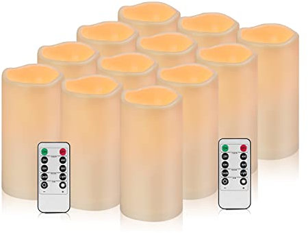 Artmarry Velas parpadeantes sin llama, paquete de 12 velas LED grandes (3 pulgadas de profundidad x 6 pulgadas de alto), velas LED para interiores y exteriores, impermeables, funcionan con pilas, con