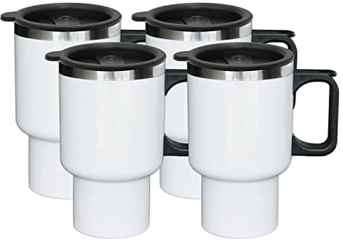 Sumex 4pcs Sublimation Blanks Stainless Steel Double Wall Vacuum Insulated Cups with Lids and Handle Stainless Steel White Coffee Mugs for Vehicle Cup Holders Travel Tumbler Car Cups