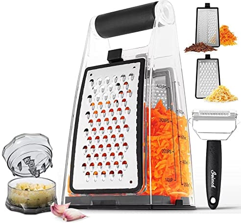 Joined Cheese Grater with Garlic Crusher- Box Grater Vegetable Shredder with 2 Stainless Steel Blades - Graters for Kitchen- Cheese Graters with Handle - Garlic Mincer Tool and Vegetable Peeler