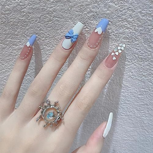 Blue Glossy Fake Nails White Fake Nails Heart Design Fake Nails Bow Fake Nails Coffin Long Fake Nails Full Cover Fake Nails for Women and Girls Nail Art Salon 24 PCS