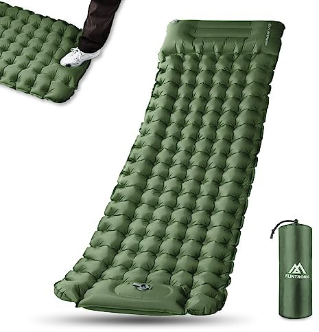 flintronic Camping Isomatte mit Fußpresse Pumpe, 10CM Thick Wasserdicht Isomatte mit Kopfkissen, Outdoor Aufblasbare Luftmatratze, Faltbar Schlafmatte für Outdoor, Camping, Grün