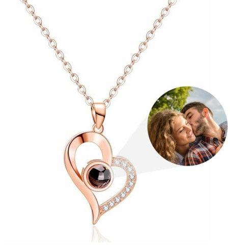 asu Custom Picture Projection Necklace - Rose Gold, Women & Girls - Custom Photo Projection Necklace - Heart Pendant - 18k Gold Plated Stainless Steel - NECKLACE