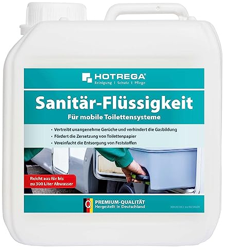 HOTREGA Sanitärflüssigkeit für Campingtoiletten 2 Liter, für mobile Toilettensysteme, verhindert Gerüche, hygienische Abwasser-Entsorgung