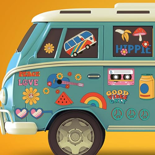 Qpout 60's 70's Hippie Thema Auto Aufkleber Groovy Blumen Aufkleber Gänseblümchen Aufkleber Frieden und Liebe Vinyl Retro Blumen Abziehbilder Bunte Hippie Fenster Clings Für Auto Laptops Wand