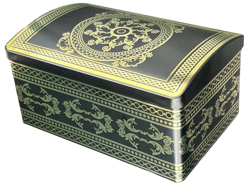 MediMuc Große Ornament Truhe - schwarze Stollendose mit goldfarbenen Ornamenten - lebensmittelecht - Aufbewahrungsdose, Keksdose, Blechdose - Maße: (Länge x Breite x Höhe): 27,5 x 18,7 x 14,2cm