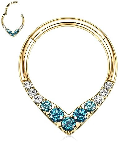 hengkaixuan Teardrop Septum Clicker Ring 16G Ohrringe Chirurgenstahl Gold Nasenring Septumschmuck Muschelschmuck mit Blau CZ Nahtloser Clicker Ring Rook Helix Knorpel Tragus Hoop Ohrring 10mm