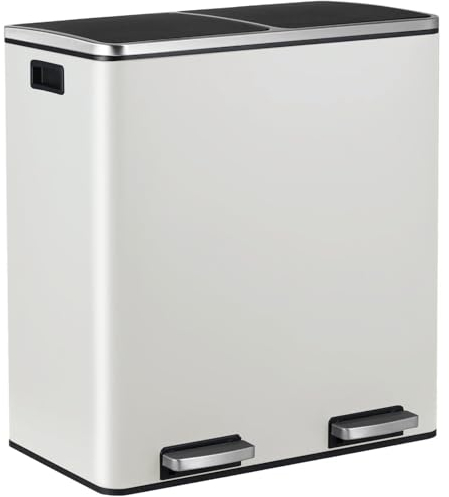 LIFERUN Double Compartment Rubbish Bin, 2 x 30 L, Kitchen Waste Bin with 2 Compartments, Soft-Closing Metal Pedal Bin with Lid and Plastic Inner Bucket, for Waste Separation, Ivory White