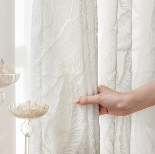 Lactraum Gardine Wohnzimmer Schlafzimmer Weiß Luxus Relief Vorhang Jacquard Blätter mit Universalband (200 x 245 cm (BxH))