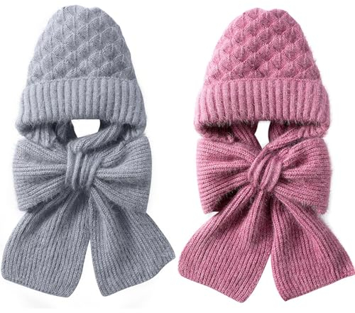 Solutra Kapuzenschal Damen Mützenschal, 2 in 1 Mütze Schal Set Damen Mütze Winter, Integrierter Winddichte Verdickter Warmer Strickmütze kaputzenschal für Frauen (Grau+Rosa)