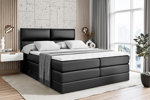 ALTDECOR Boxspringbett mit Matratze und Lattenrost, Topper, Polsterbett mit Bettkasten, Bett mit Stauraum H3- und H4- Matratze, Doppelbett, Springboxbett - BOXI3 King -120x200-Schwarz Kunstleder