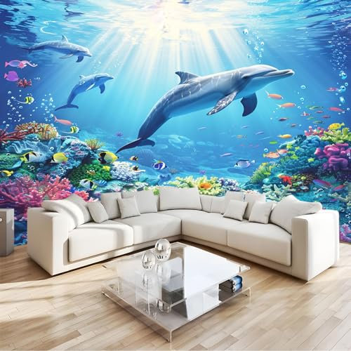 Blau Fototapete Unterwasserwelt Delfine Vlies Modern 3D Wandbild, Schadstofffrei Uv-Beständige Wanddekoration Für Wohnzimmer, Schlafzimmer, Büro - Feuchtigkeitsresistent B350 X H256 Cm