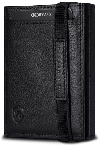 VON HEESEN Slim Wallet mit XL Münzfach & RFID Schutz - Leder Geldbörse Herren klein - Mini Geldbeutel Damen Portmonee - Kartenetui Echtleder Karten Portemonnaie - Kreditkartenetui Schwarz genarbt