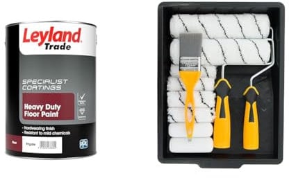 Leyland Trade 264615 Heavy Duty Floor Paint - Frigate 5L & Coral 10501 Paint Kit with Headlock and Mini Roller Frame and Hybrid Brush, Set of 12 Pieces