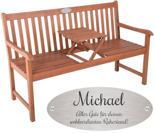 Sterngraf Bank für Rentner mit Gravur zB. Wunschtext (Name/Spruch), Klapptisch Gartenbank Padang 142cm, Edelstahlschild personalisiert, Geschenkidee zum Ruhestand