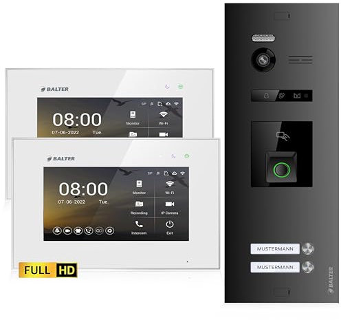 Balter EVO-HD Video Türsprechanlage mit Fingerprint, Video Türklingel, 2 Familienhaus, 2X 7 Zoll Monitore, Türklingel mit Kamera Full HD, 2 Draht Bus, 175° Weitwinkel, RFID,1080P