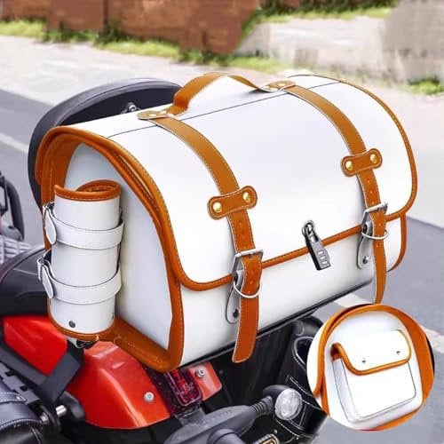 VAEVEN Hecktasche für Vespa GTS GTV 250 300, Leder Wasserdichte Retro Motorrad Tasche, Große Kapazität Aufbewahrungstasche, Zubehör, D Weiß + Braun