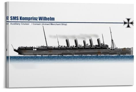 ZLQYHW WW1 Vintage Schlachtschiff-Poster, deutsche SMS, Komprinz Wilhelm, Hilfskreuzer, dekorative Leinwand, Familienschlafzimmer, Kunstwerk, Bild, Gemälde, 60 x 90 cm