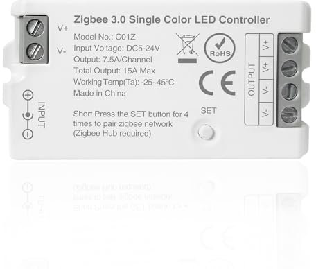 THUNGCIT ZigBee 3.0 LED-Controller C01Z Einfarbiger PWM-LED-Streifen-Glühbirnendimmer Kompatibel mit Echo Plus Philip H-UE Home-Kit Zigbee Hub Bridge erforderlich DC5-24V