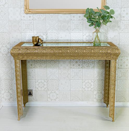 DOWNTON INTERIORS Dark Gold Moroccan Embossed Metal Mirrored Glass Console Side Hall Table (GZ423) Part of the AGADIR Collection (Dark Gold)