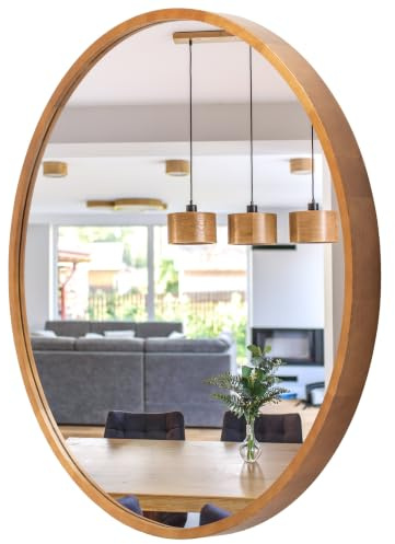 Runder Bad Spiegel - Wandspiegel mit Holzrahmen (∅70 cm) - Rustikal - LEJA | Massivholz, Einfache Montage, EU-Produktion, 4 mm Spiegelglas, Sicherer Metallhaken, Pflegeleicht