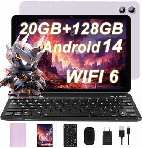 Newest Android 14 Tablet 10 Pulgadas, 20GB RAM + 128GB ROM (1TB TF), 5G+2.4G WiFi 6+ BT 5.0, Widevine L1, Octa-Core, 6000mAh, 1280*800 HD Pantalla, 5MP+8MP, Tablet con Teclado y Ratón - Violetas