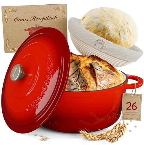 SCHMORGOLD Brotbackform 26cm inkl. Gärkorb - Gusseisen Topf zum Brot Backen - emaille Topf, Schmortopf Gusseisen, Brottopf, Brot Backen Zubehör