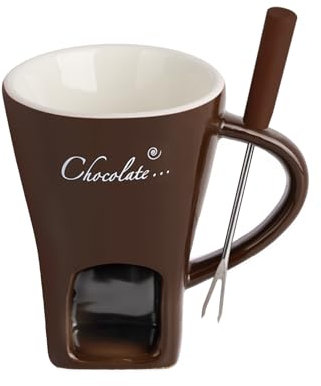 Ceramic Fondue Mugs with Fork - Melting Chocolate Pot with Fork, Chocolate Fondue Mug, Cheese Warmer Cup, Light Candle Fondue Melter Set for Melting Hot Chocolate for Home, Brown