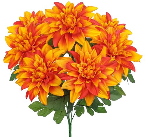 Hollyone Orange Dahlia Bunch, 4.7'' Large Artificial Flowers 7PCS Dahlia Flower Heads, Silk Flowers Fake Bouquet for Floral Arrangements, Home Decor, Wedding, Party, DIY, Living Room Decorations