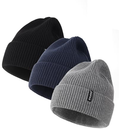 Zylioo XXL/3XL Strickmütze Für Großen Kopf, Wintermütze Beanie Mütze Mit Schirm, Übergroße Winter Warme Knit Cuffed Watch Cap 3Pack