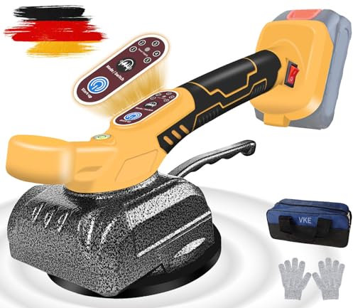 VKE Fliesen Vibrationsgerät Kompatibel 18V Akku, Fliesenrüttler Akku 100kg Adsorption, Fliesen Rüttler mit 5 Geschwindigkeit 0-300Hz/s, Fliesenvibrator mit Aufbewahrungstasche, Gelb(ohne Akku)