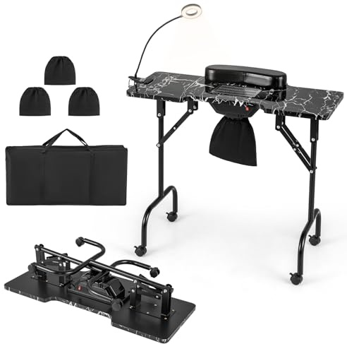 COSTWAY Table de Manucure Pliante avec Collecteur de Poussière (Noir) | Bureau d’Esthéticienne avec Lampe LED, Coussin pour Poignet, Sac de Transport et 4 Roues Verrouillables,90 x 40 x 77 cm