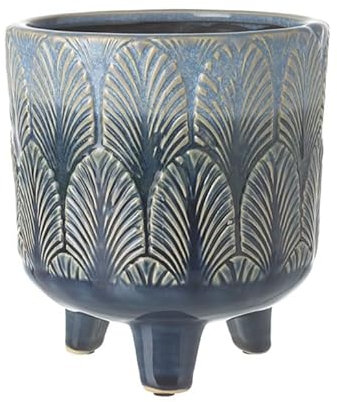 Blue Plant Pot With Feet Dark Leaf Pattern Tripod 17.5cm,7inch Planter Glazed Finish Cauldron Geometric Indoor Houseplant Stand