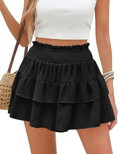 heekpek Short Femme Ete Fluide à Volants Shorts Taille Haute Ceinture Élastique Jambes Larges Jupe Short de Plage Confort Mini Shorts de Vacances avec Doublure, Noir, L
