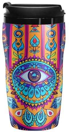 Hamsa Mano de Fátima Meditación Mandala Taza de café con tapa, vaso aislado, reutilizable, taza de viaje, taza de bebida, 250 ml
