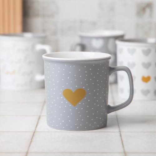 FABFINDS Romantic Love Heart Ceramic Mug 440ml Cute Grey & White Coffee Cup with Gold Accent, Script & Heart Print Design, Durable Glazed Tea Mug for Home, Office in Assorted Styles (Classic Romance)