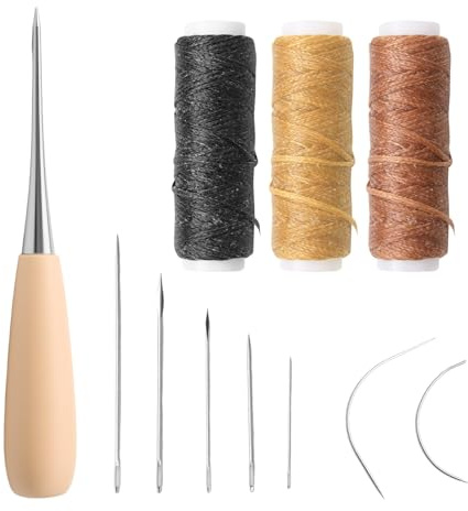 11Pcs Leather Repair Kit Including Waxed Thread Needle Drilling Awl Curved Needles and Thimble or Fabric Sewing Upholstery Tools for Sewing Supplies Fabric Sewing DIY Crafts