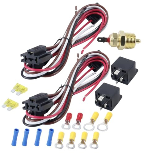 Hoite Dual Electric Fan Relay Kit, 4 Pin, 185 On 175 Off, 40 AMP Waterproof Relay Kit, with Thermostat Radiator