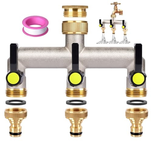 almaio 3 Wege Verteiler Wasser 3/4 Zoll Messing, Wasseranschluss Verteiler, 3 Stück 3/4 auf 1/2 Adapter, Gartenschlauch Verteiler Kompatibel mit DREI Geräten Oder DREI Wasserrohren, für Garten