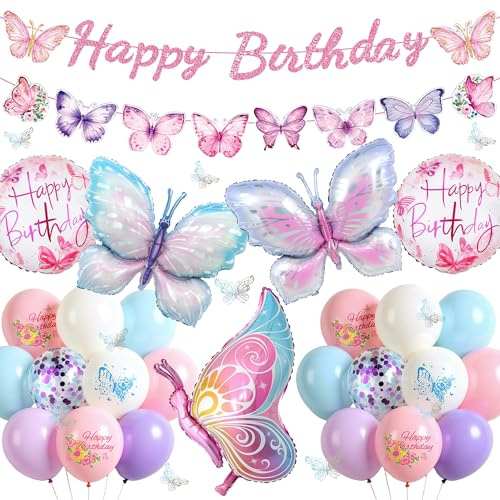 Tasoraor Schmetterling Deko Geburtstag Mädchen - 45 Stück Geburtstagsdeko Luftballons Girlande und Folienballon, Rosa Schmetterlinge Ballons für Kindergeburtstag Dekoration