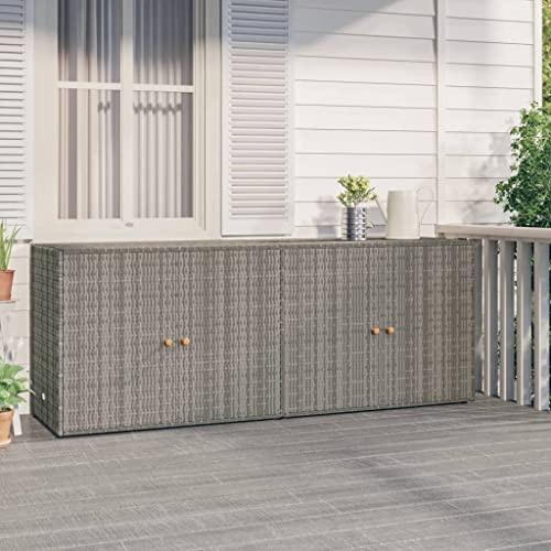 Holamys Gartenschrank Grau 198x55,5x80 cm Poly Rattan, Robuster Outdoor Aufbewahrungsschrank mit Akazienholz Griffen, Wasserabweisend für Garten Terrasse Balkon