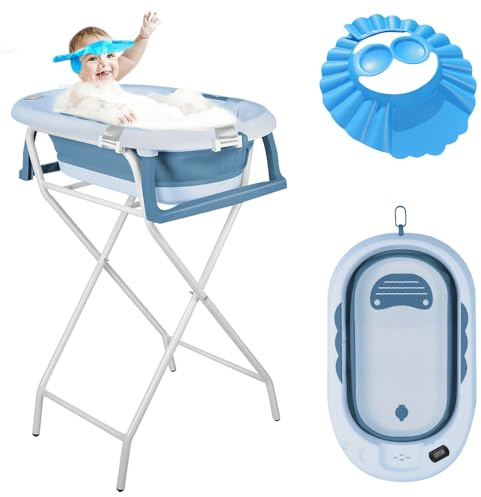 OHMG Faltbare Babybadewanne auf Fuß, Große XL Badewanne mit Ständer, Thermometer 2.0, Sitz und Entwässerungsset, Babyschüssel, ideal für die Dusche, von Geburt bis 3 Jahre, Babygeschenk