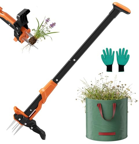 Haedswer Extractor de malas hierbas telescópico con bolsa de jardín de 60 L, 4 garras con mango largo de 85 – 100 cm, 65 acero al manganeso, removedor de malas hierbas para jardín, césped y pastos de