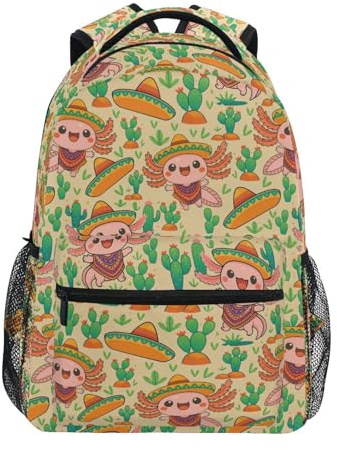 fifbird Axolotl Unisex-Rucksack, Mexiko, Kaktus, leicht, elementar, Büchertasche, lässiger Rucksack, Schultasche
