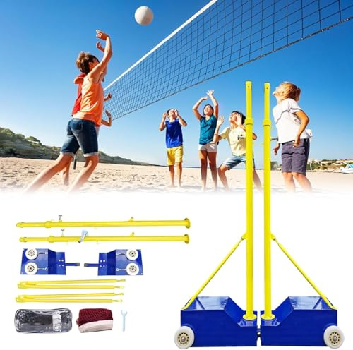 Volleyball-/Badminton-Pfosten, Volleyballnetz-Badminton-Sets Für Den Garten, Volleyball-Pfosten Mit Rollen, Höhenverstellbar 1,55 M-2,1 M, Robustes Volleyballnetz Mit Pfosten, (Blau+gelb)