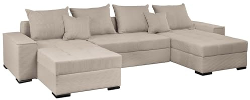 Riess Ambiente XXL Wohnlandschaft Lodge - 315cm - Greige - Cord Couch mit Schlaffunktion und Stauraum Schlafsofa